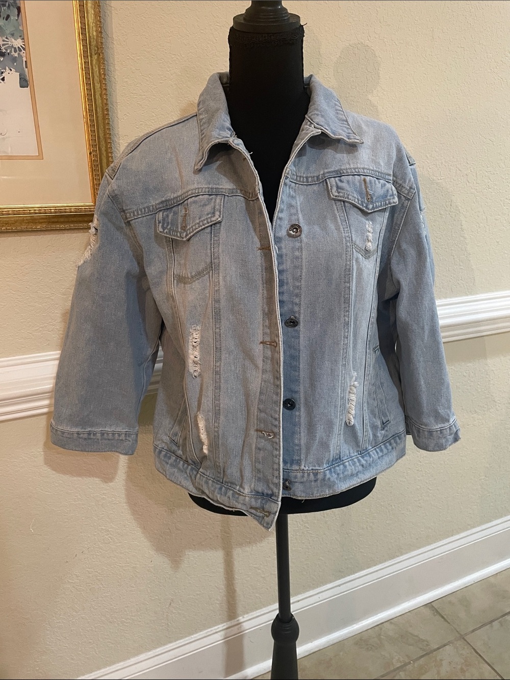 Light Wash Distressed Denim Jacket - Women's